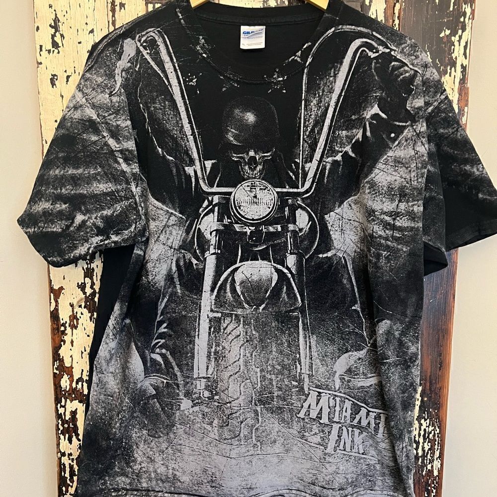 Men’s EUC Miami Ink Tattoo Skull Ghost Rider Harley Motorcycle T Shirt. Size XL.